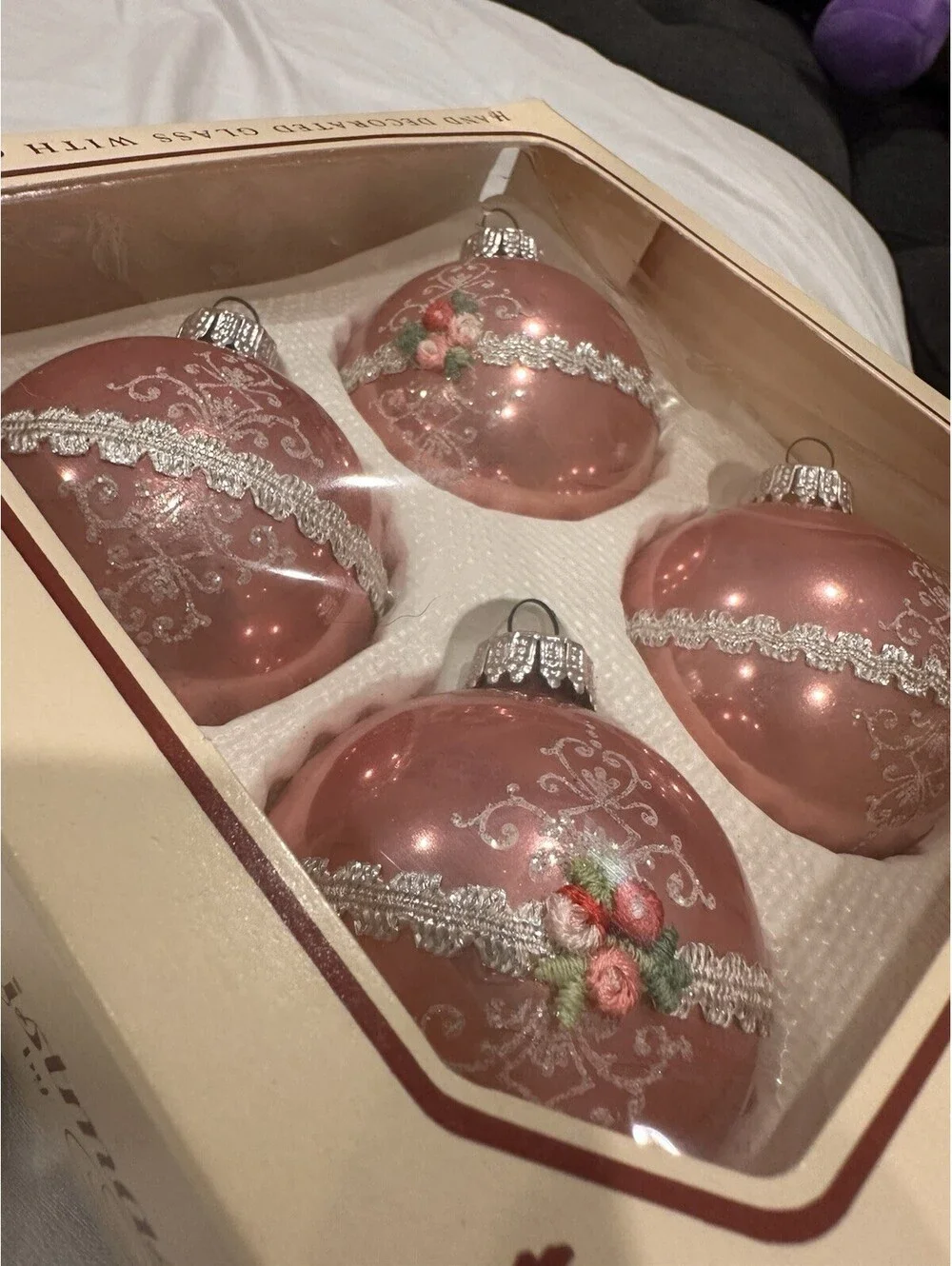 VTG Krebs USA Glass Christmas Ball Ornaments Appliqué Lace Frosted Glitter Pink